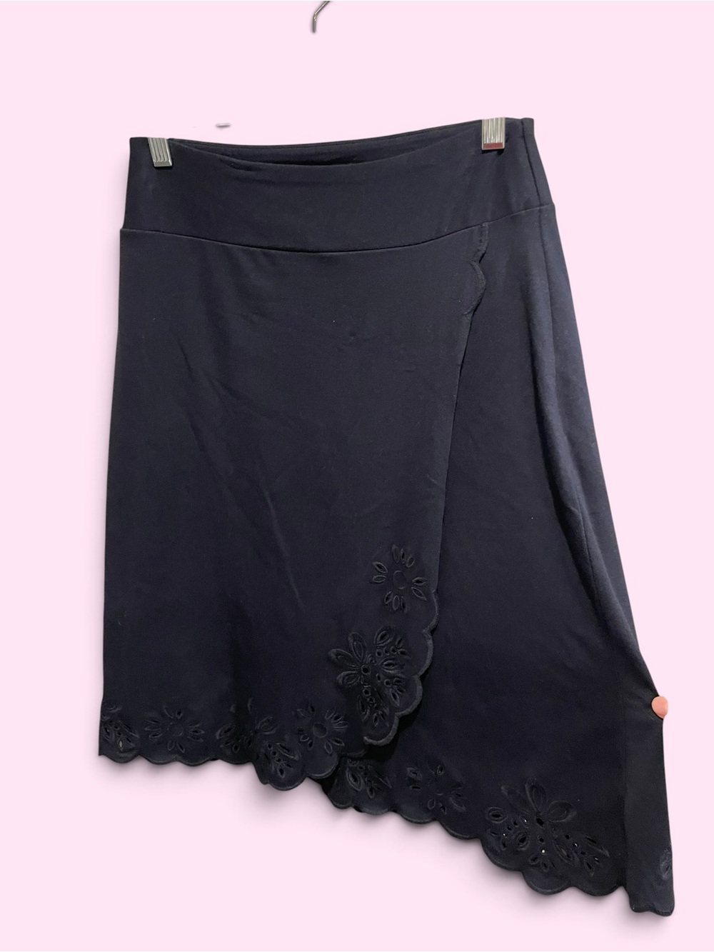 Cute Talbots navy scallop hem eyelet skirt soft t-shirt feel faux wrap